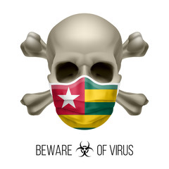 Human Skull with Crossbones and Surgical Mask in the Color of National Flag Togo. Mask in Form of the Togolese Flag and Skull as Concept of Dire Warning that the Viral Disease Can be Fatal