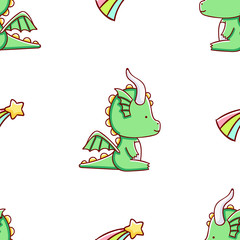 Simple seamless pattern, cute kawaii hand drawn dragon doodles