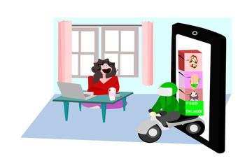 Women working at home and order online. Lady using laptop service food delivery. Vector people illustration on isolate white background. Cartoon character person flat design .