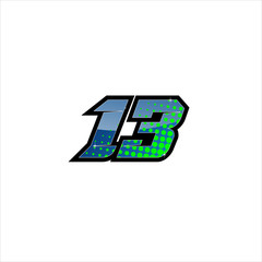 Vector Racing number 13, start racing number, sport race number with blue green color and halftone dots style isolated on white background