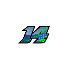 Vector Racing number 14, start racing number, sport race number with blue green color and halftone dots style isolated on white background