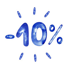Minus 10 percent, 10%, ten percent in blue for flyer, poster, shopping, sign, discount, marketing, selling, banner, web, header, watercolor illustration