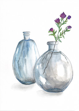 Still life with glass bottles and wild flowers, watercolor paining