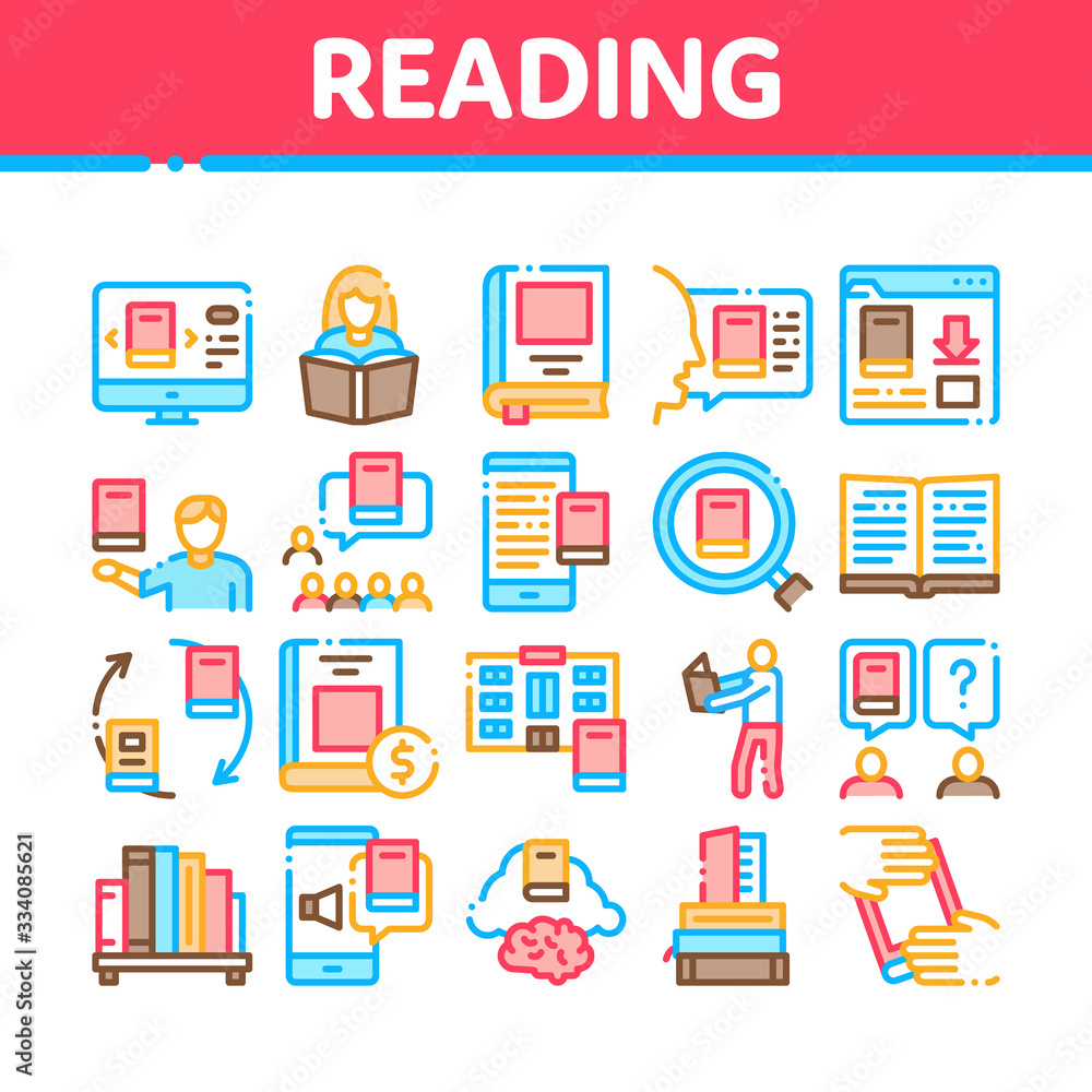 Poster reading library book collection icons set vector. reading and learning, smartphone and computer educ