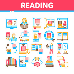 Reading Library Book Collection Icons Set Vector. Reading And Learning, Smartphone And Computer Education E-book, Shelf With Literature Concept Linear Pictograms. Color Illustrations