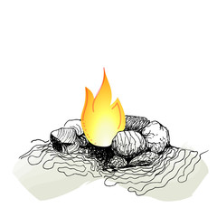 Mixed media illustration, bonfire in a stone circle, combined vector and ink sketch.