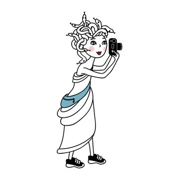 cartoon illustration, Medusa as modern character. Gorgona making photo with a camera.