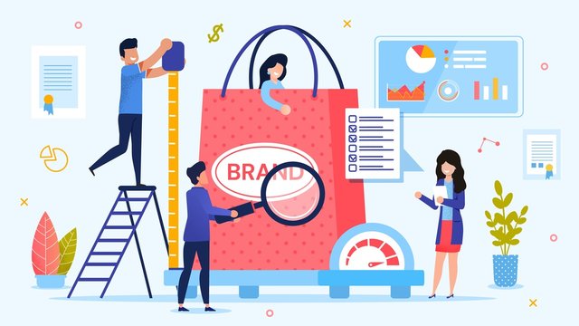 Personal Branding Technology. Brand Testing Process. Woman Customer in Shopping Bag on Weight Scale. Man with Ruler Measuring Size. Lady with Checkup List. Team Marketer. Metaphor Vector Illustration