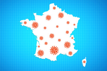 Red virus icons on France map on blue background
