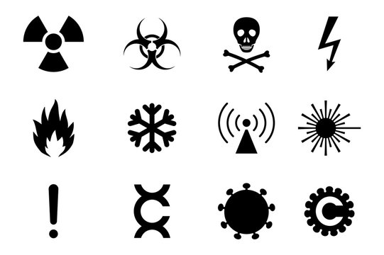 Varied danger and hazard symbols. Simple icons of a common jeopardies.