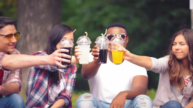 Students holding their drinks together on camera and chearfull smile. Young multiethnical group of youth enjoying their freshly made joices sitting on green grass at the lawn.