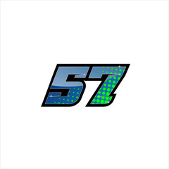 Vector Racing number 57, start racing number, sport race number with blue green color and halftone dots style isolated on white background