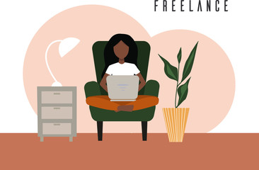 Freelance girl. Woman sitting on the armchair works with laptop, modern freelance template for website. Freelancer girl modern home office design.