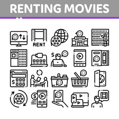 Renting Movies Service Collection Icons Set Vector. Renting Movies Store, Internet Online Watching And Download, Compact Disk And Reel Concept Linear Pictograms. Monochrome Contour Illustrations