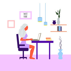 Freelance girl. Woman sitting on the armchair works with laptop, modern freelance template for website. Freelancer girl modern home office design.