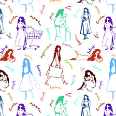 girl in motion and positive lettering seamless pattern