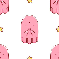 Simple seamless pattern, cute kawaii hand drawn monster doodles
