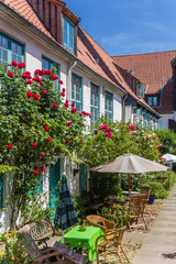 Fototapeta na wymiar Colorful flowers at the facade of a white house in Flensburg, Germany