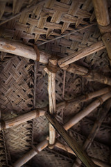 Texture interweaving of palm and banana leaves on tropical beach umbrellas and mats. Weaving of dry banana leaves