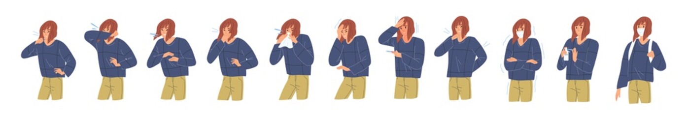 Person during respiratory disease. Girl coughing in arm, elbow, tissue. Virus symptoms: headache, fever, high temperature, body stiffness. Woman in and without face mask. Colorufl vector illustration