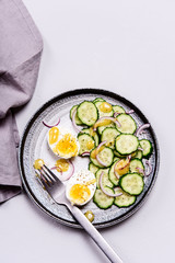 Easy vegetarian salad with cucumber, onion and eggs with vinaigrette sauce. Healthy nutrition. Selective focus