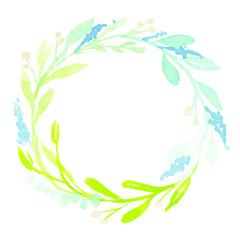 Hand drawn watercolor leaves, flowers and berries wreath.