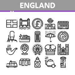 England United Kingdom Collection Icons Set Vector. England Flag And Pound Sterling Coin, Bus And Cab Taxi, Big Ben And Tower Bridge Concept Linear Pictograms. Monochrome Contour Illustrations