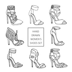 Hand drawn women s shoes silhouette set Vector