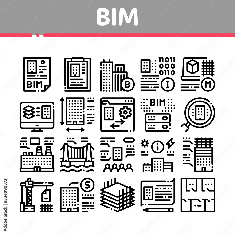 Poster bim building information modeling icons set vector. building document and plan, research and build c