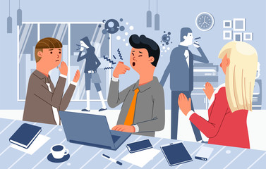 people cough in office not wearing mask, virus spreading in office vector illustration