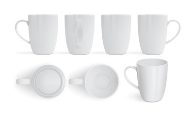 white mugs isolated on white background view from different sides