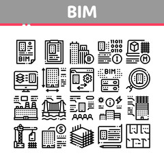 Bim Building Information Modeling Icons Set Vector. Building Document And Plan, Research And Build Construction, Bridge And Apartment Concept Linear Pictograms. Monochrome Contour Illustrations