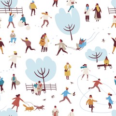 Cartoon people enjoy outdoors activity at winter park seamless pattern vector flat illustration. Man, woman, couple and families walking, ice skating, playing snowballs, making snowman on white