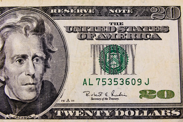 Closeup of american twenty dollars banknote