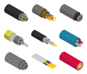 Fiber cable vector isometric set icon. Isolated isometric set icon fibre wire. Vector illustration fiber cable on white background.