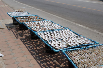 Top view of Dried sea fishes in Thailand