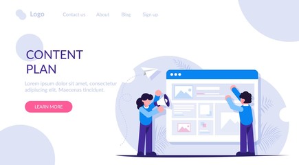 People are working on creating a content plan for future posts or articles. Modern flat vector illustration. Landing web page template