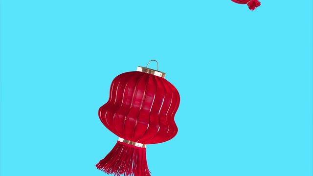 Animated Fly Asian Lantern in Clear Background. Contemporary Oriental Motion Graphics Art. Abstract Traditional Festival Chinese Red Lanterns. Template Colored Asian Decorations Moving to Sky Loop 4K