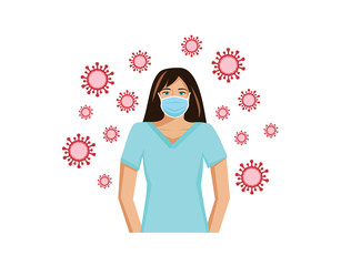 Vector image of a nurse or doctor wearing a face mask  surrounded by viruses - protection and risk of infection from coronavirus