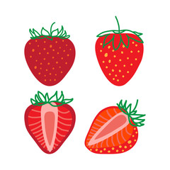 Isolated Strawberrys, design colorful vector illustration. Collection of whole and sliced fresh Strawberry berry isolated on white background