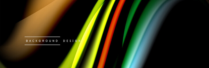 Сolorful flow poster. Wave liquid lines and shapes in black color background. Vector Illustration