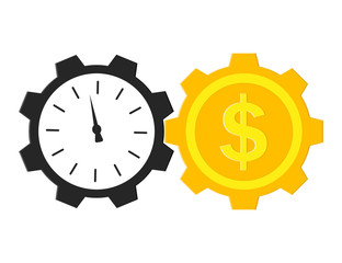 Time is money concept. Clock and dollar with gears. Payment work in hour. Timer of financial market. Value wage in time. Countdown investment. Symbol of budget, capital, beneficial deposit. Vector