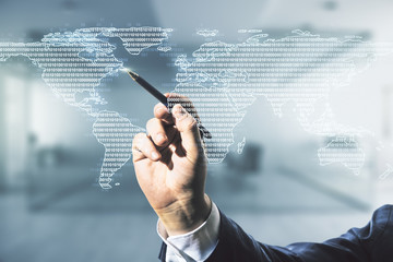 Multi exposure of businessman hand with pen working with abstract graphic world map on blurred...
