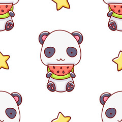 Simple seamless pattern, cute kawaii hand drawn panda doodles