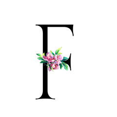Floral Letter  with hand painted pink flowers and leaves. . Elegant Alphabet isolated on the white background. Design for Wedding, inviting, greeting and birthday card for celebration. Black F
