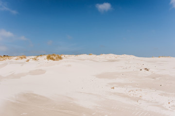 Wide sand beach landscape, sunny day, blue sky, Amrum, Germany