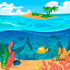 Fototapeta na wymiar Cartoon Color Underwater World Scene Concept. Vector