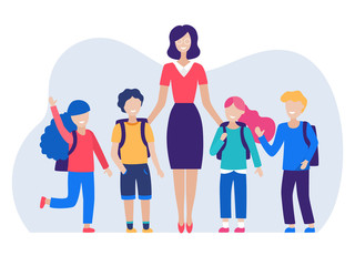 Cartoon Color Character Person Female Woman Teacher and Kids Concept. Vector