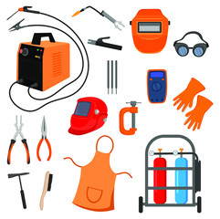 Set for welding works. Collection of elements for safe work and metal welding. Vector illustration on a white background.