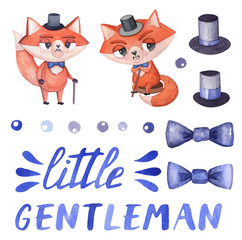 Little Gentleman. Сartoon character fox with a mustache, a cane in a top hat and a blue bow tie. Stars, lettering, elements of business clothes. Watercolor set illustration for little boys suit shop
